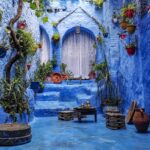 a blue alley with potted plants and a bench - 2 day trip from Fes to Chefchaouen